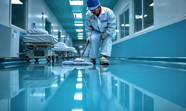 A worker mops a clean hospital floor in a sterile environment.