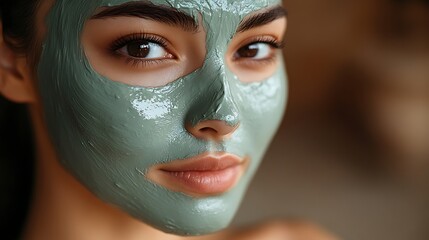 Close-up of an Asian woman’s face with a clay mask, her skin glowing under the mask’s texture, soft natural lighting highlighting her relaxed expression, a minimalist background with warm,