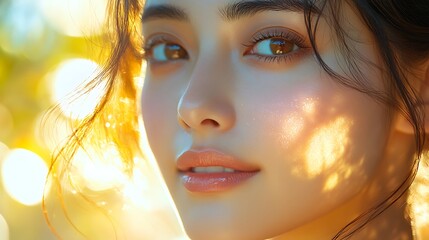Fototapeta premium Close-up of an Asian woman’s face with glowing skin as she applies moisturizer, golden sunlight streaming through a window, soft focus on her smooth skin texture and healthy glow,