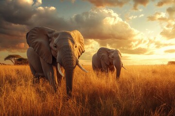 Obraz premium Two elephants in the field of south africa..generative ai