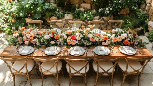 high angle view of aesthehic setting wedding table with flowers at backyard