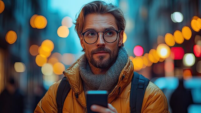 hipster businessman commuter with bicycle and smartphone on the way to work in city