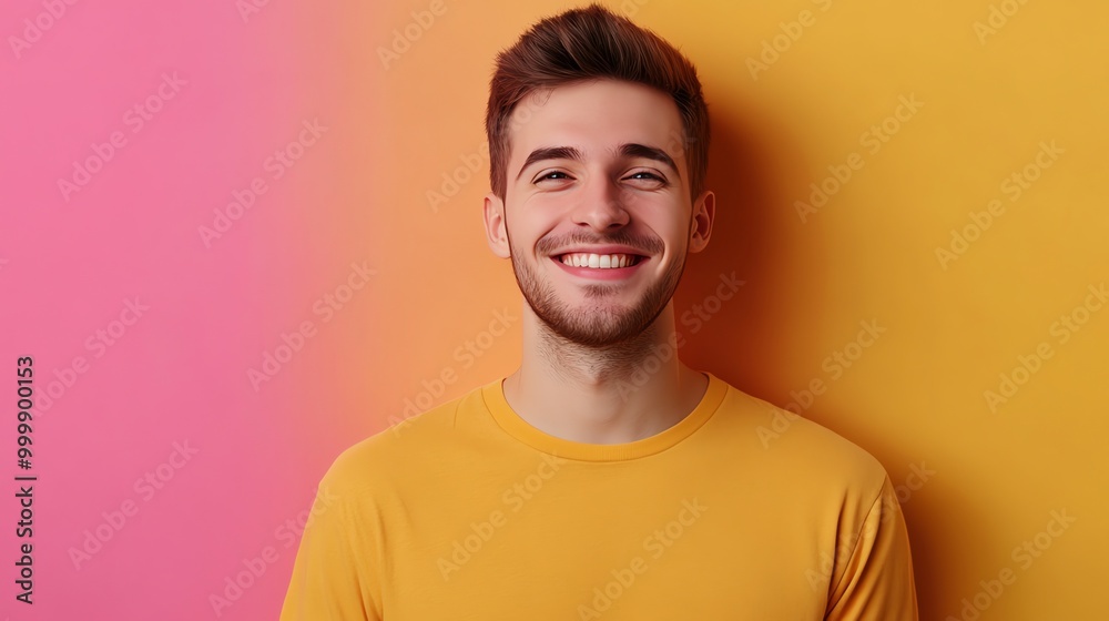 Wall mural A young man with a beard smiles brightly at the camera.