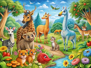 Naklejka premium Charming and Whimsical Drawings of Various Animals Perfect for Children's Books and Art Projects