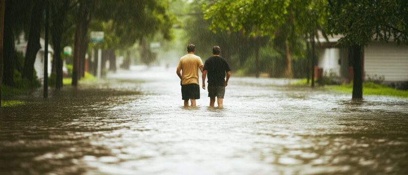 Men walking through flooded street, surrounded by trees and submerged homes.