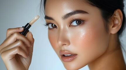 Fototapeta premium Portrait of an Asian woman applying an anti-aging serum in a minimalist setting, her skin glowing, soft lighting highlighting the youthfulness of her complexion,