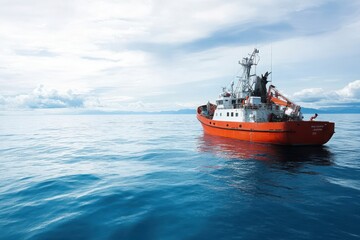 Orange research ship sailing on calm ocean waters under blue skies.