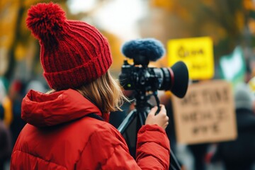 Person filming a protest scene, vibrant autumn colors in the background.