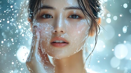 Portrait of an Asian woman splashing her face with cool water, her skin radiant and refreshed, water droplets frozen in the air, bright natural light illuminating the scene,