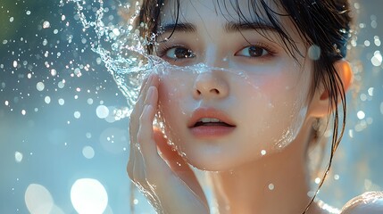 Portrait of an Asian woman splashing her face with cool water, her skin radiant and refreshed, water droplets frozen in the air, bright natural light illuminating the scene,