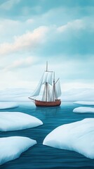 Sailing ship navigating through icy waters, serene and peaceful atmosphere.