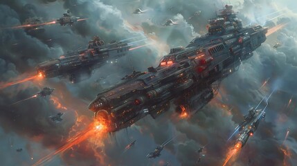 A fleet of futuristic battleships engaged in a space battle among dramatic clouds.