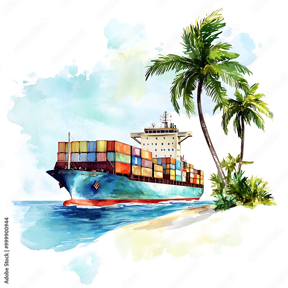 Canvas Prints Cargo Ship Docked at a Tropical Island with Palm Trees.