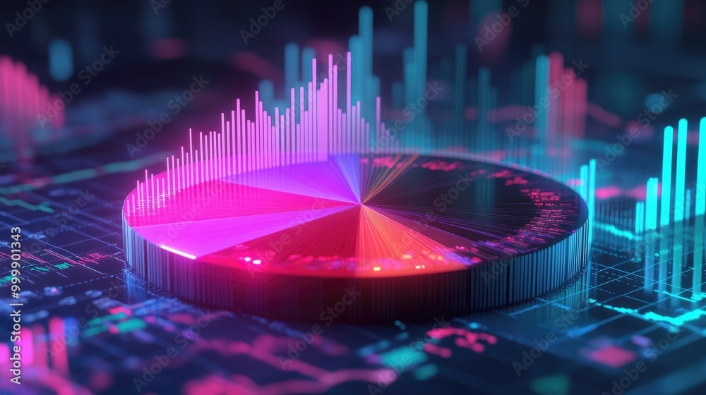 Poster a glowing 3d pie chart with financial labels showing investment diversification, with each segment r