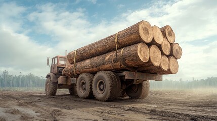 Timber truck loaded with logs on a dirt road, cloudy sky in the background.