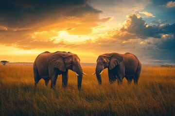 Naklejka premium Two elephants in the field of south africa..generative ai