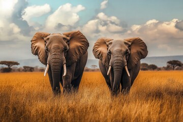 Obraz premium Two elephants in the field of south africa..generative ai