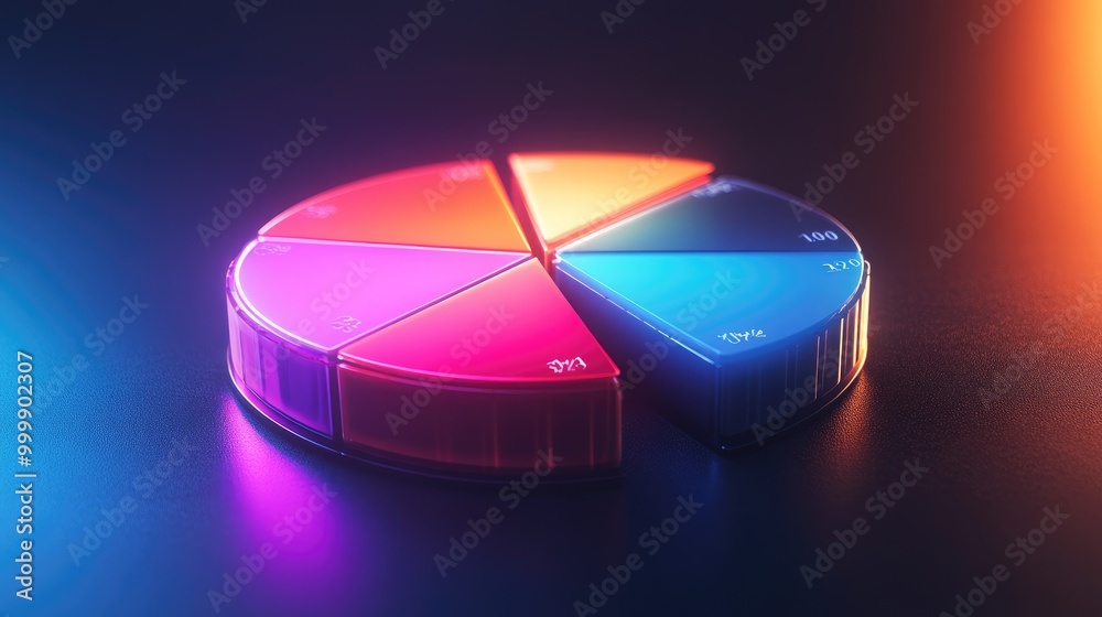 Poster a glowing 3d pie chart with financial labels showing investment diversification, with each segment r