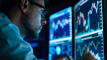 Financial analysts reviewing data on multiple screens, analyzing stock market trends and financial graphs. focused expression highlights importance of data analysis in decision making