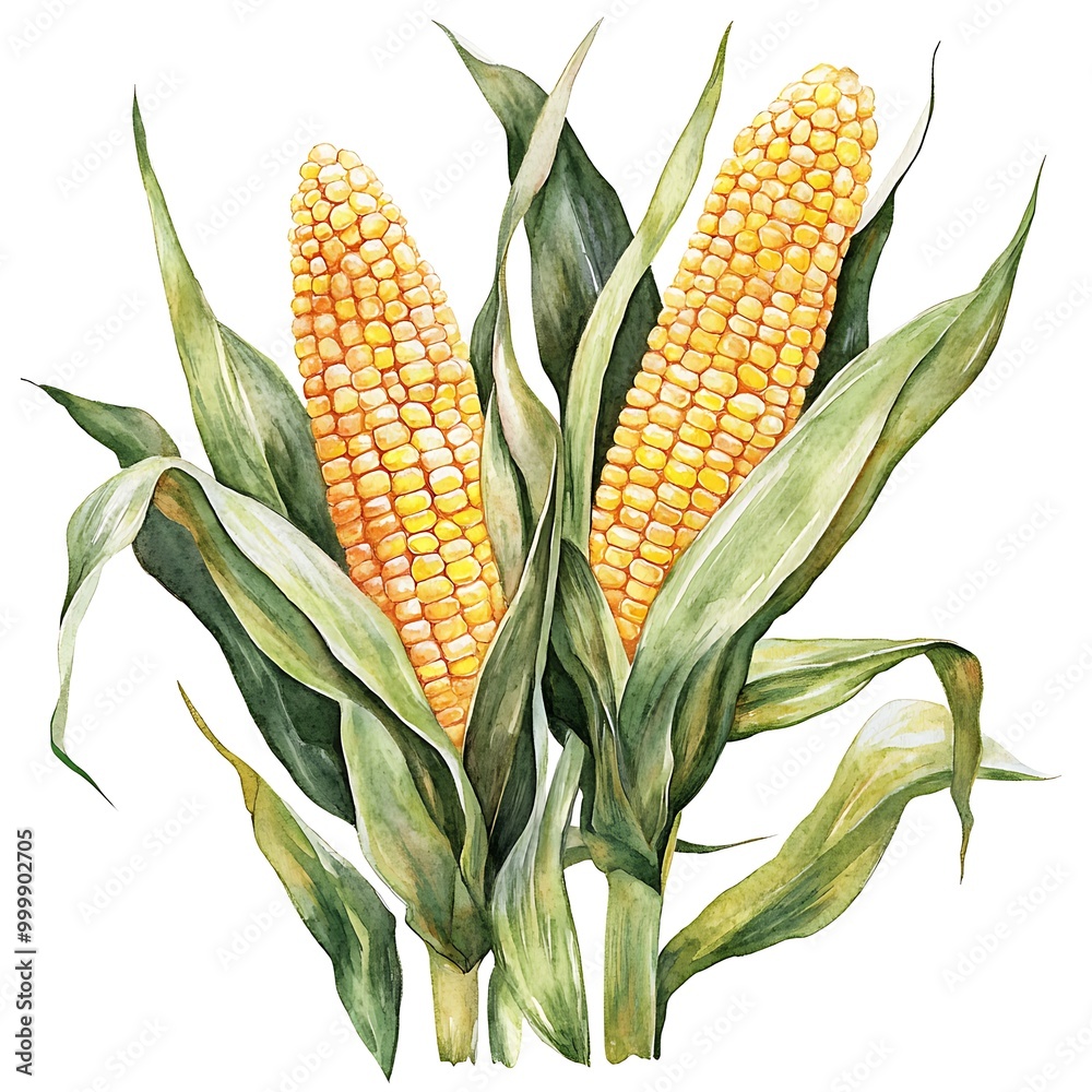 Poster Watercolor Illustration of Two Corn Cobs with Green Husks.