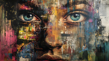 Surreal Portrait of a Woman’s Eyes Merging with an Abstract Cityscape in a Colorful and Textured Art Piece