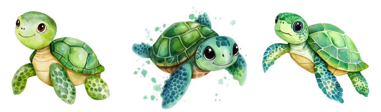 Cute cartoon turtles png. Set of cute sea turtles in watercolor style. Cute baby turtles flap their flippers happily. Sea and oceanic inhabitants.