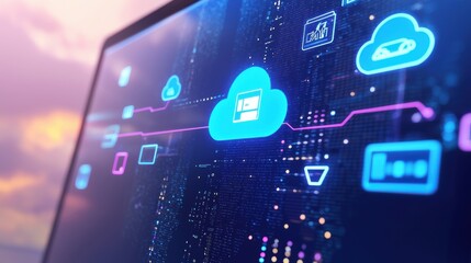 Fototapeta premium Cloud Computing and Digital Technology Concept with Icons and Symbols on Screen