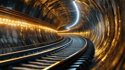 A high-speed train navigating through a scenic tunnel, with lights illuminating the interior, creating an atmosphere of excitement and anticipation.