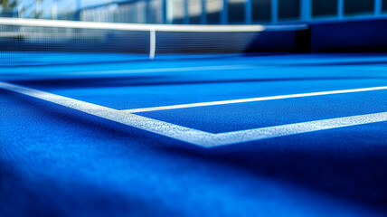A close-up view of a bright blue tennis court with precise white lines during the day