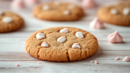 Delicious cookie with white chocolate drops, soft texture, and pastel meringue decor.