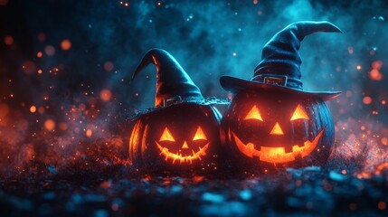 Fototapeta premium Glowing Jack-o'-Lanterns with Witch Hats in a Spooky Halloween Forest