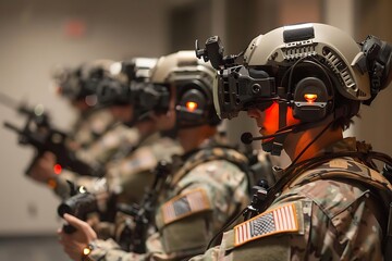 A line of soldiers in tactical gear preparing for a mission.