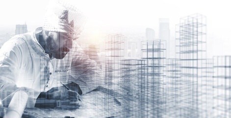 Arabian contractor planning architecture blueprint city building construction development industry design plan project, wireframe cityscape double exposure background banner.