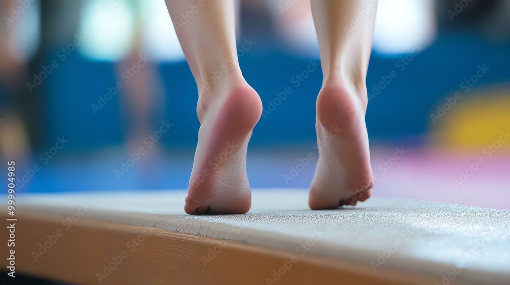 Poster Close-up of a gymnast's bare feet on a balance beam.