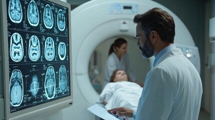 Doctors examine x-ray images displayed in a magnetic resonance imaging room.