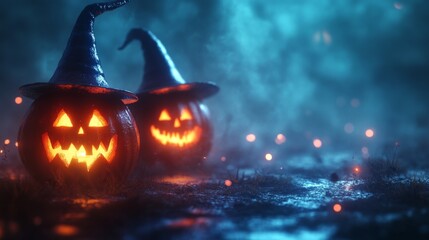 Fototapeta premium Glowing Jack-o'-Lanterns with Witch Hats in a Spooky Halloween Forest