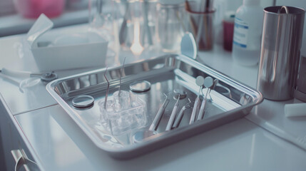 Clinical Precision: Close-Up of Dental Tools on Tray with Ethereal Medical Backdrop, Captured with Kodak Portra Film for Subtle Detail and Warmth
