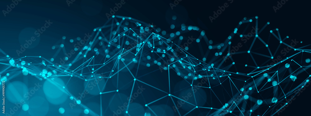 Fototapete Digital abstract plexus technology blue background banner copyspace, graphics vector polygon line networks and dots shape connecting link structure, futuristic tech data computer concept.