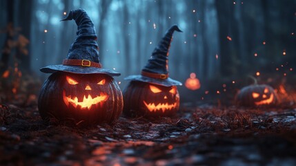 Fototapeta premium Glowing Jack-o'-Lanterns with Witch Hats in a Spooky Halloween Forest