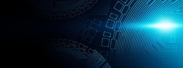 Obraz premium Abstract computer technology blue background banner futuristic business data technology modern concept; gear cog shape lines connecting link structure dark blue contrast.