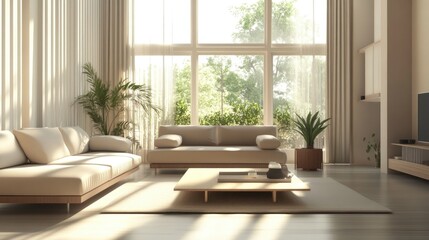 Fototapeta premium A modern living room with a minimalist design, featuring sleek furniture, neutral colors, and large windows letting in natural light for a cozy yet stylish ambiance.