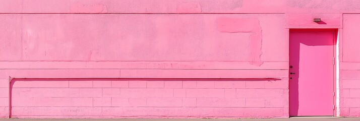A minimalistic urban scene featuring a pink wall with a door, clean lines and simple, aesthetically pleasing composition.