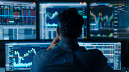 businessperson is focused on analyzing financial data displayed on multiple screens, showcasing various stock market trends and analytics. atmosphere is intense and professional, reflecting high