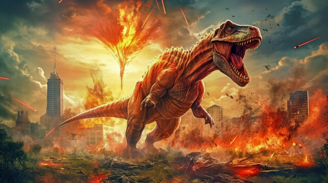A scene from prehistory. Dinosaurs before extinction