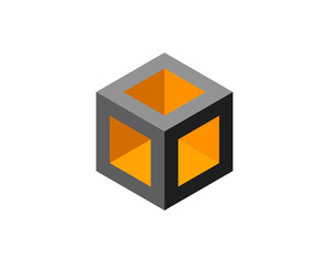 Cube logo, geometric vector design. Box logotype company, trendy tech emblem in pixel style.