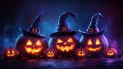 Fototapeta premium Glowing Jack-o'-Lanterns with Witch Hats in a Spooky Halloween Forest