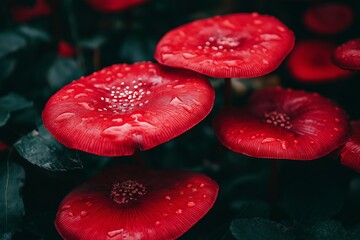 Fototapeta premium A vibrant image of red mushrooms in a forest showing water droplets on their surfaces, highlighting their natural beauty.