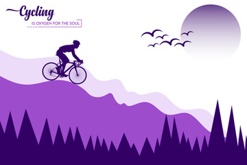 Mountain hills Cycling in nature tourism travel adventure vector banner design illustration in purple colors. 'Cycling is oxygen for the soul' cycling quotes