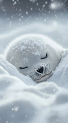 Obraz premium The soft body of a cute baby seal is resting comfortably in a fluffy snow pile. The cold winter atmosphere surrounds it with snow covering the area