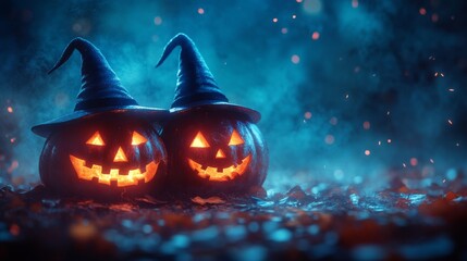 Fototapeta premium Glowing Jack-o'-Lanterns with Witch Hats in a Spooky Halloween Forest